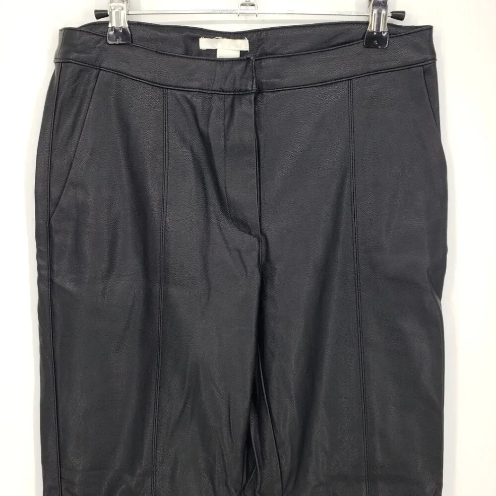 H&M Vegan Faux Leather Slim Straight Leg Pants 6‎ High Rise Waist Vegan Black
